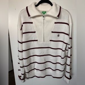 United Colors Of Benetton White and Burgundy Quarter Zip Sweater